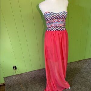 Strapless Pink Maxi Dress with Chevron Pattern SZ Med 60” long Padded front
